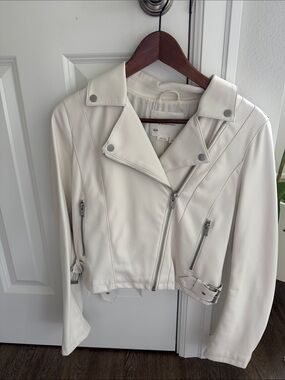 Anthropologie Cream Leather Moto Jacket with Silver Hardware